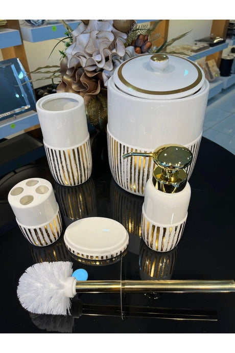 Ceramic 5 Pcs Bathroom Set Liquid Soap Dispenser Toothbrush Holder Trash Can Toilet Brush - Swordslife