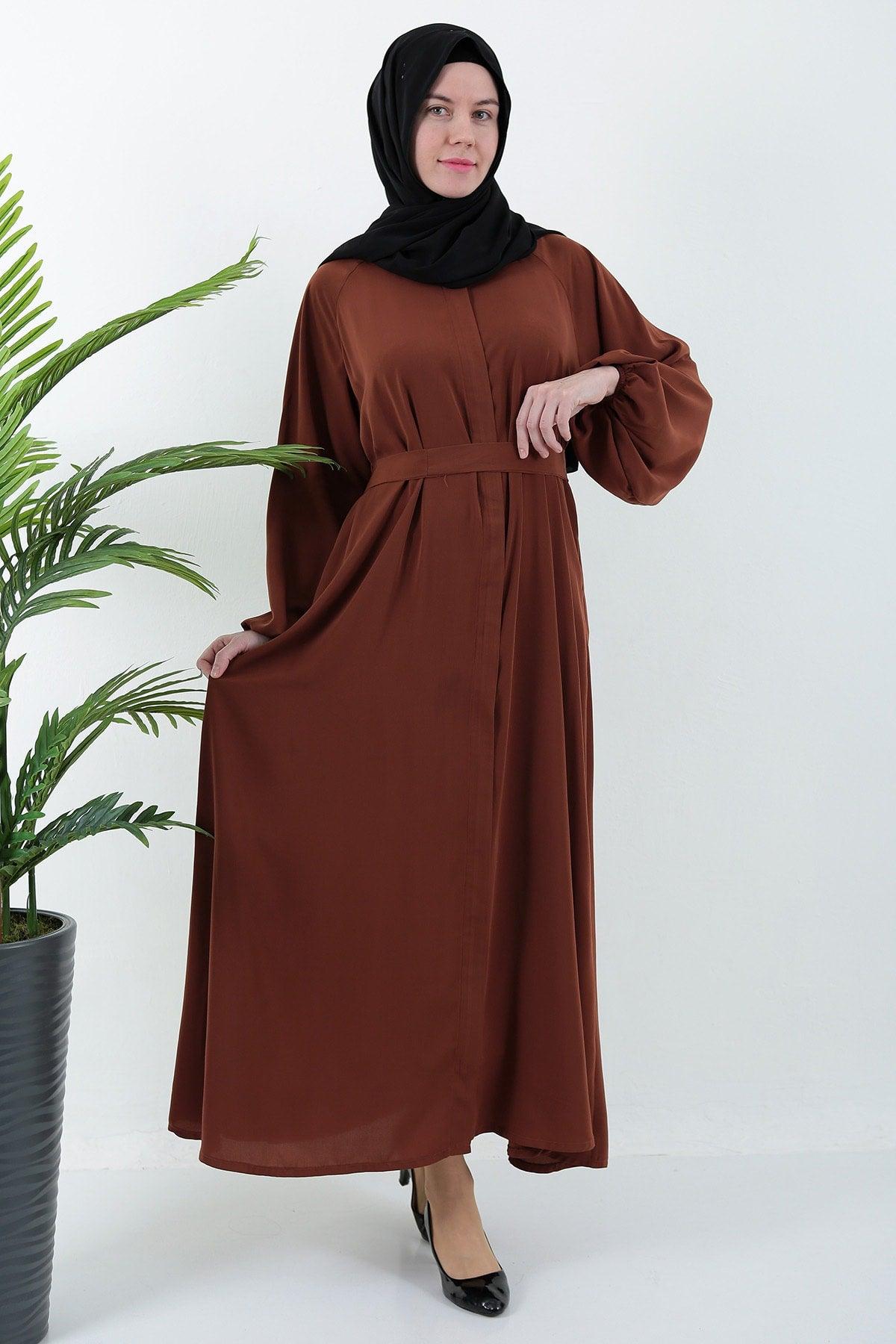 Tile Plaid Zippered Belted Pocket Abaya Hijab - Swordslife