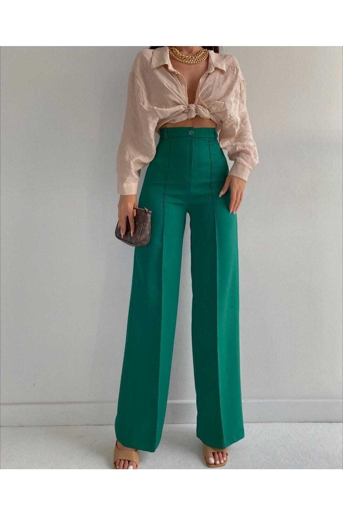 Women's Dark Green Front Stitching Detail High Waist Palazzo Trousers - Swordslife