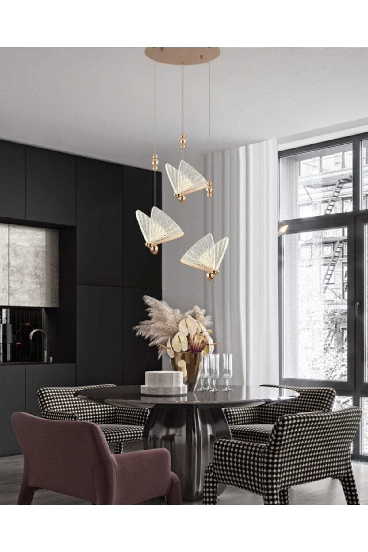 Elegance Modern Butterfly Design Triple Pendant Lamp Led Chandelier Rose Gold Yellow Great Visual
