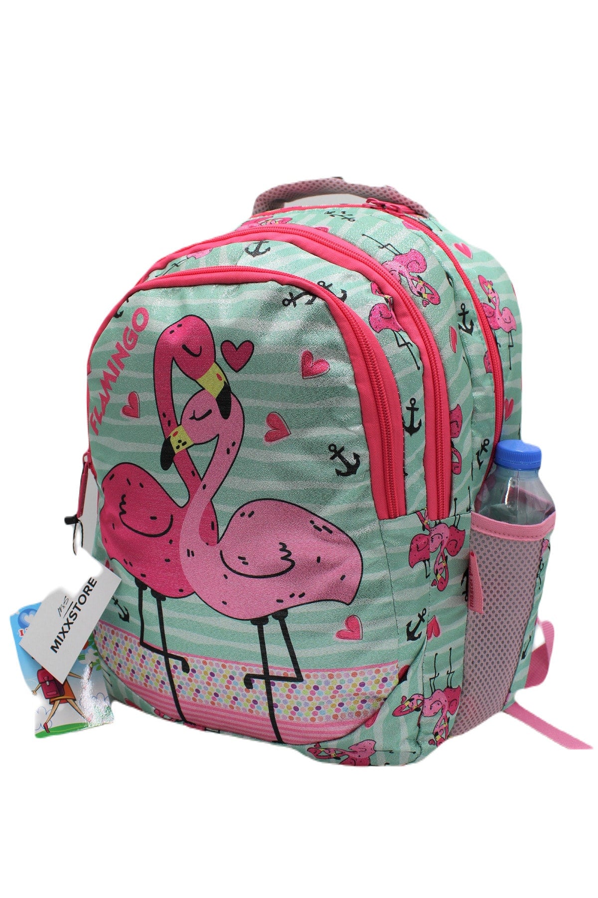 Sim Flamingo Patterned Green Color Backpack Primary School Bag Set For Girls With Food And Pencil Holder