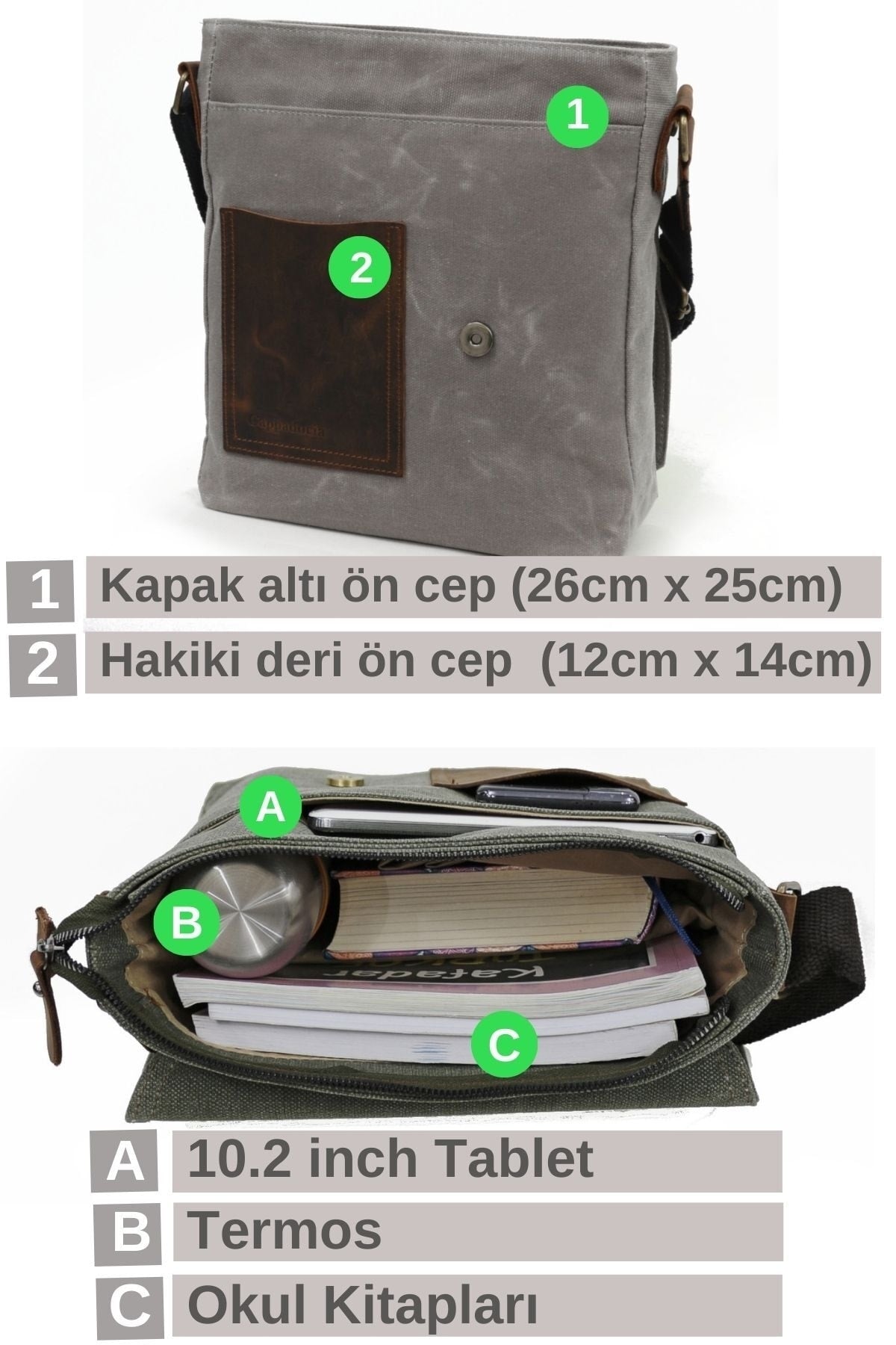 Cappadocia Genuine Leather 4035 Teos Waterproof Gray Postman Shoulder Waxed Canvas Laptop Bag