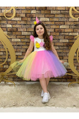 Girl's Colorful Birthday Unicorn Ribbon Zipper Dress