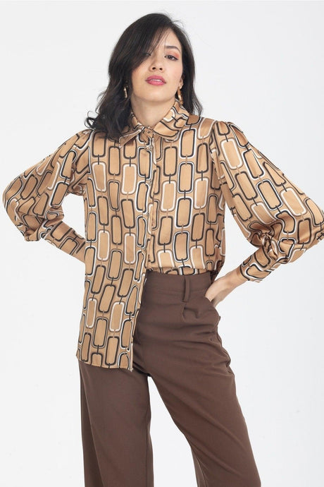 Women's Camel Balloon Sleeve Button Detailed Shoulder Pleated Chain Pattern Satin Shirt - Swordslife