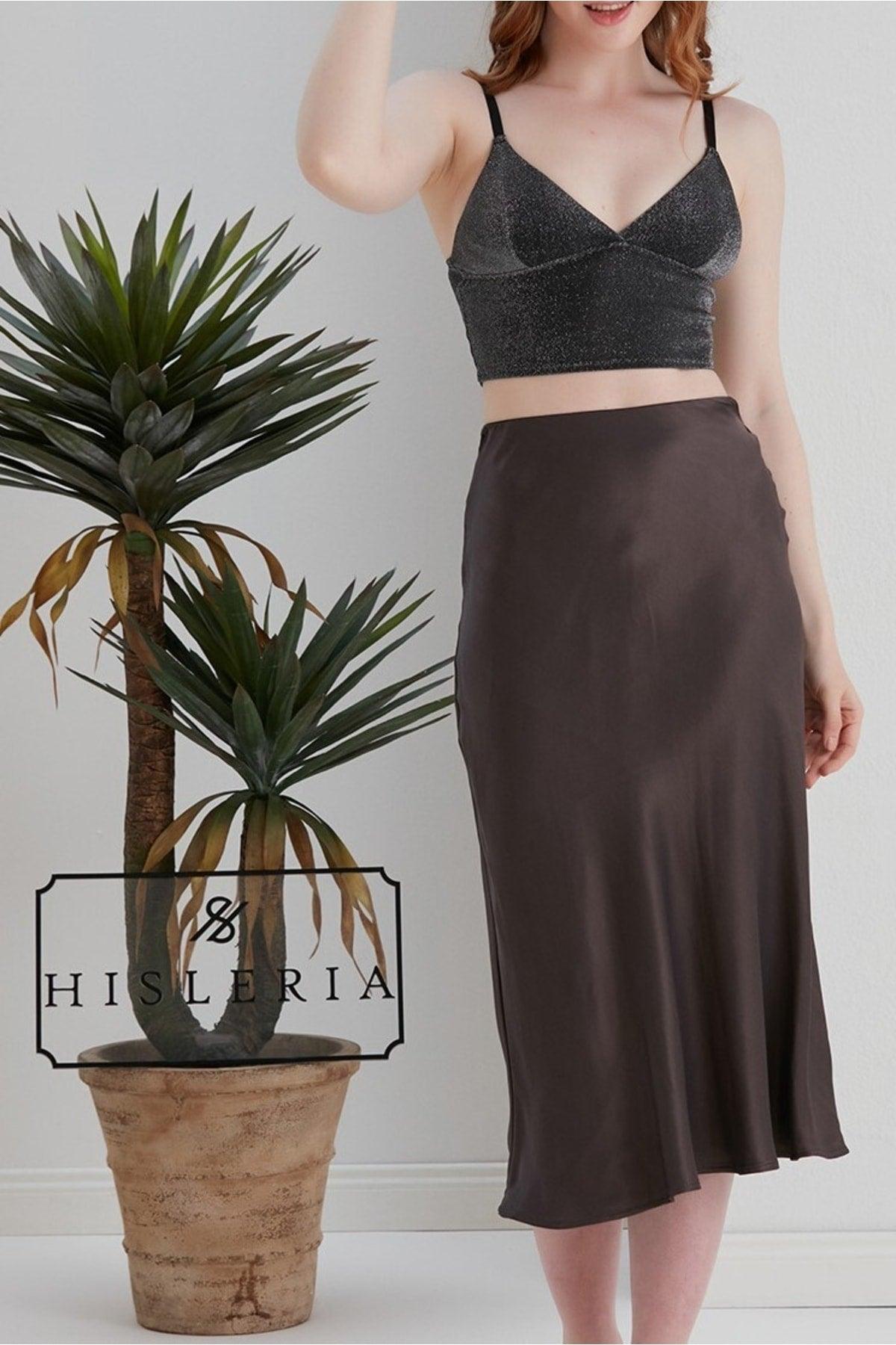 Verev Viscose Satin Fabric Bitter Brown Midi Length Skirt - Swordslife