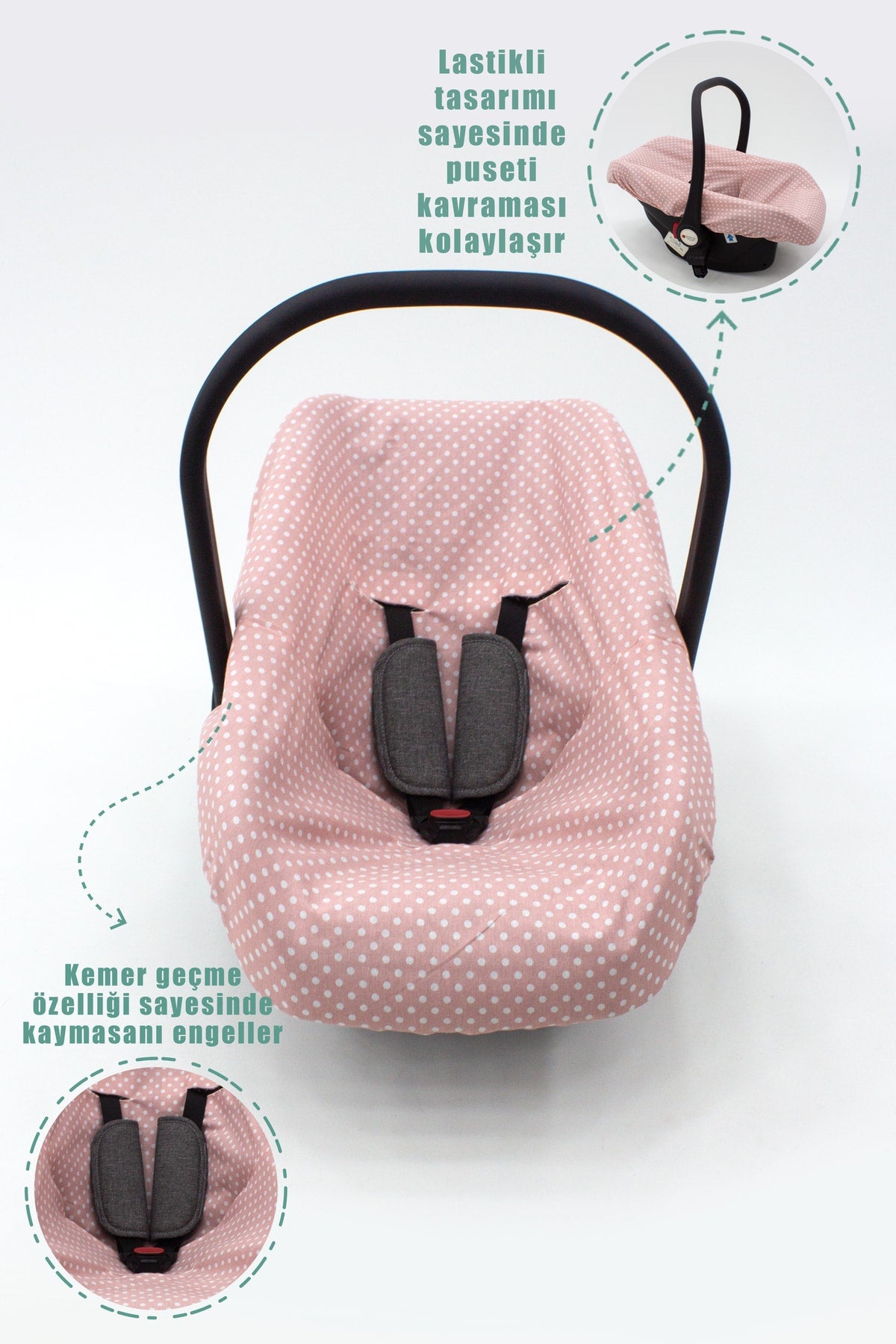 Orthopedic Stroller Cushion, Cover And Bed Sheet Set Of 3, 100% Cotton Fabric, Polka Dot, Pink Color