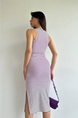 Purple Striped Midi Length Pencil Dress (zck0486) - Swordslife