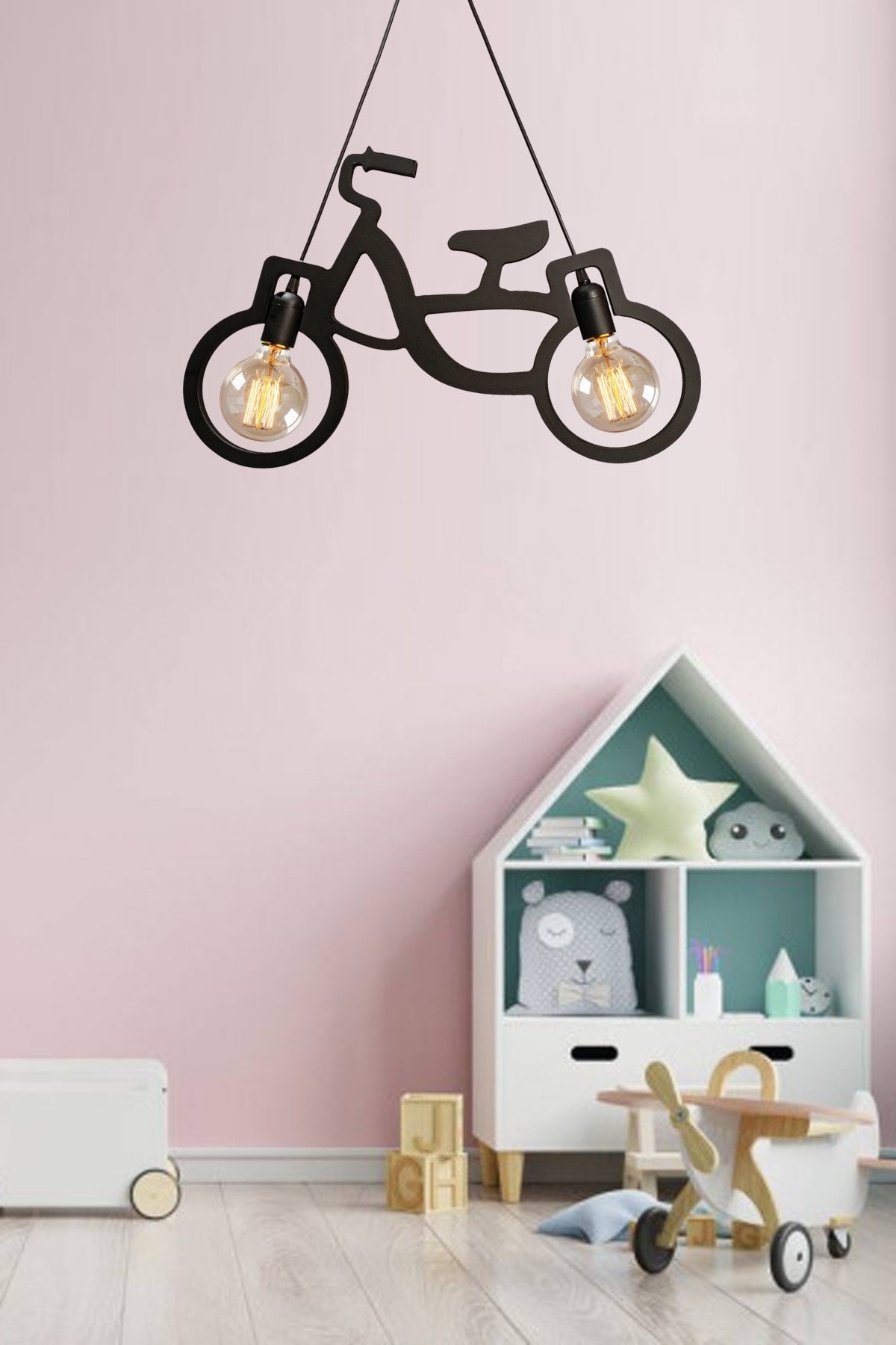 Wood Wooden Black Bicycle Pendant Lamp Chandelier Wooden Luxury Rustic Modern Decorative Lamp Children'S Room Chandelier
