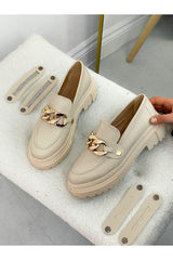 Women's Thick Sole Loafer Moccasin Shoes Unscrew Buckle Beige - Swordslife