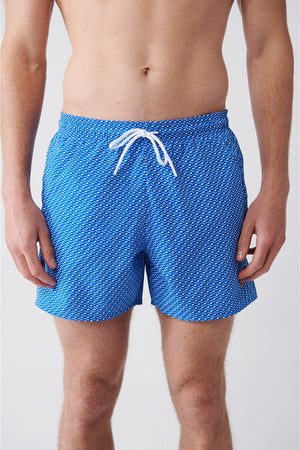 Men'S White-Blue Quick Dry Printed Standard Size Swimwear Marine Shorts E003802