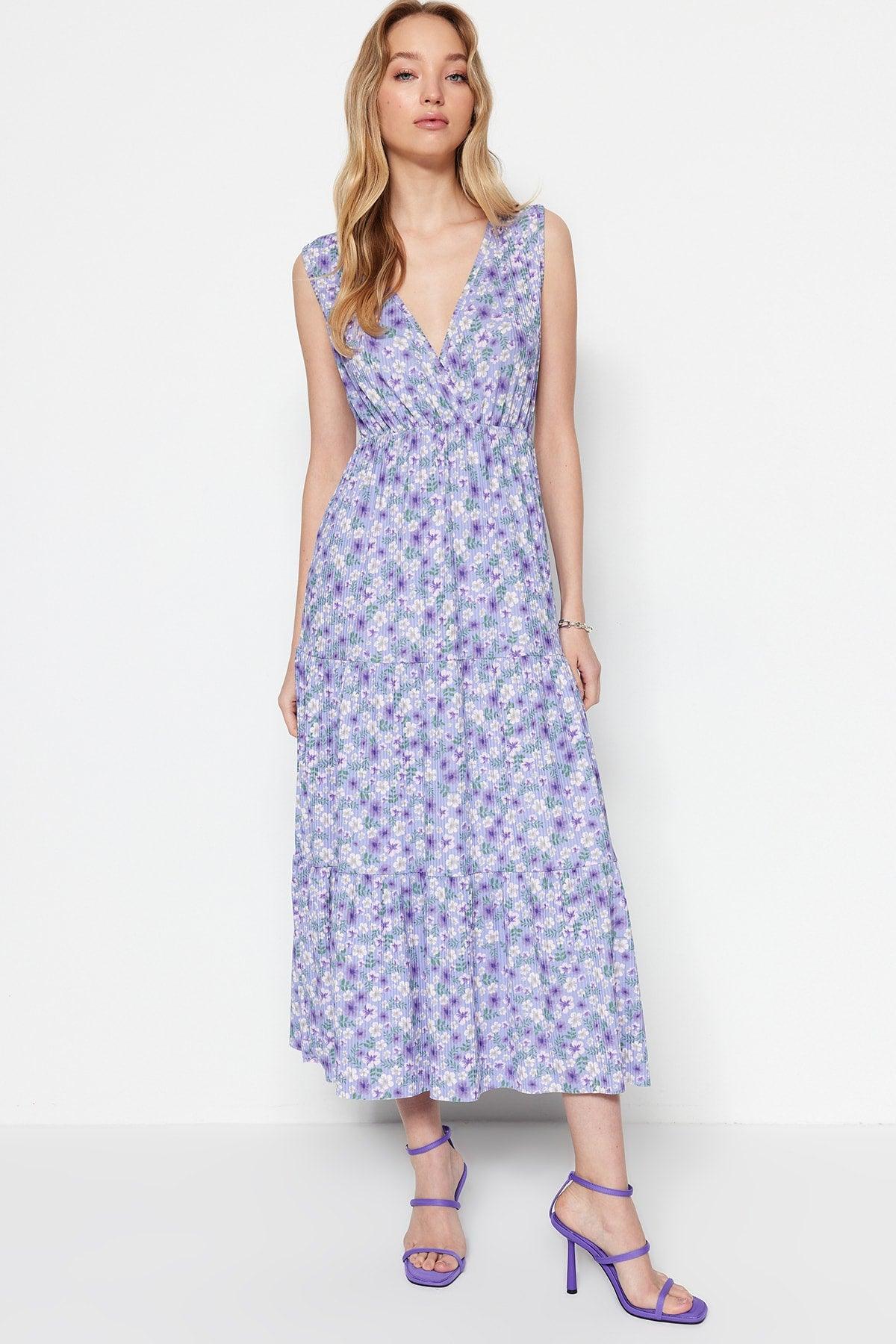 Purple Floral Pattern V Neck Sleeveless A-Line Maxi Knitted Dress TWOSS22EL1588 - Swordslife