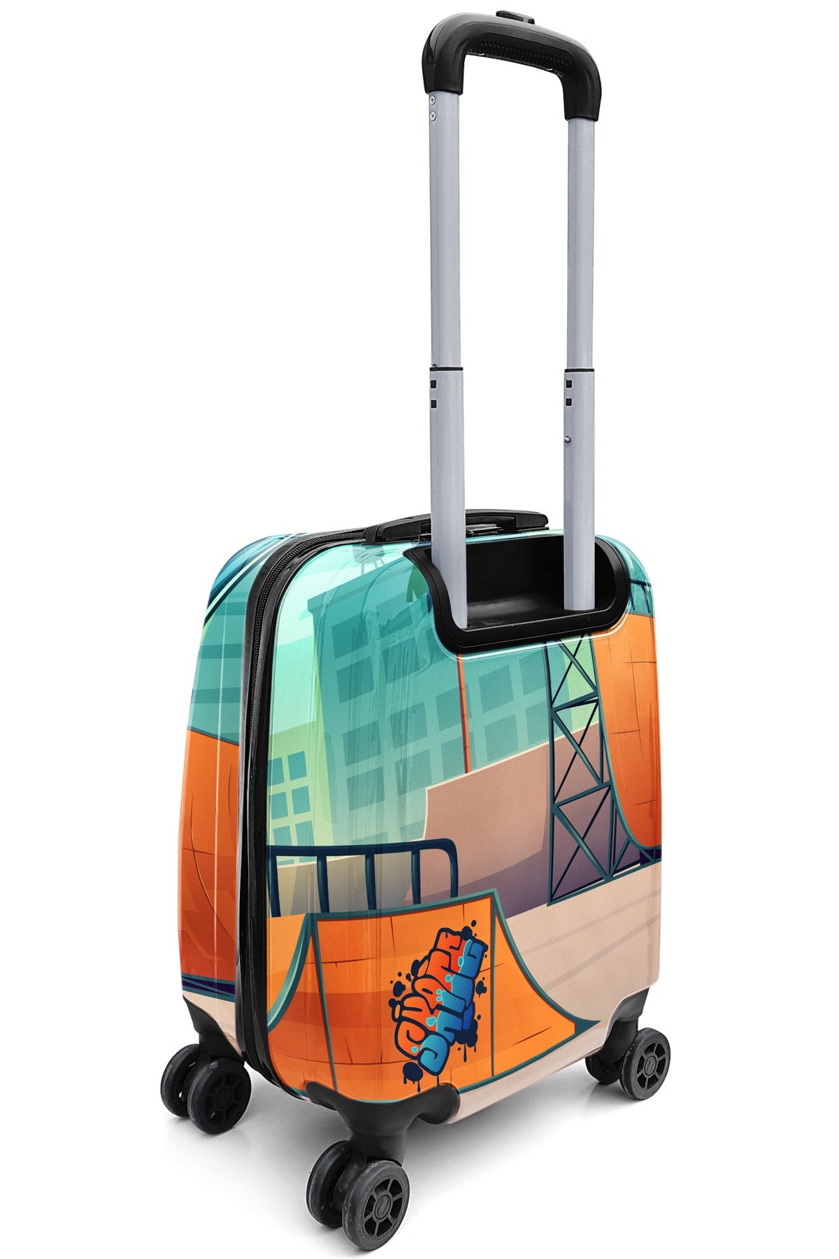 Kinderkoffer mit Skateboard-Muster, Indigo/Neonorange, 16742