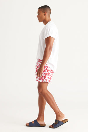 Men'S White Red Standard Fit Regular Fit Side Pockets Patterned Swimwear Marine Shorts