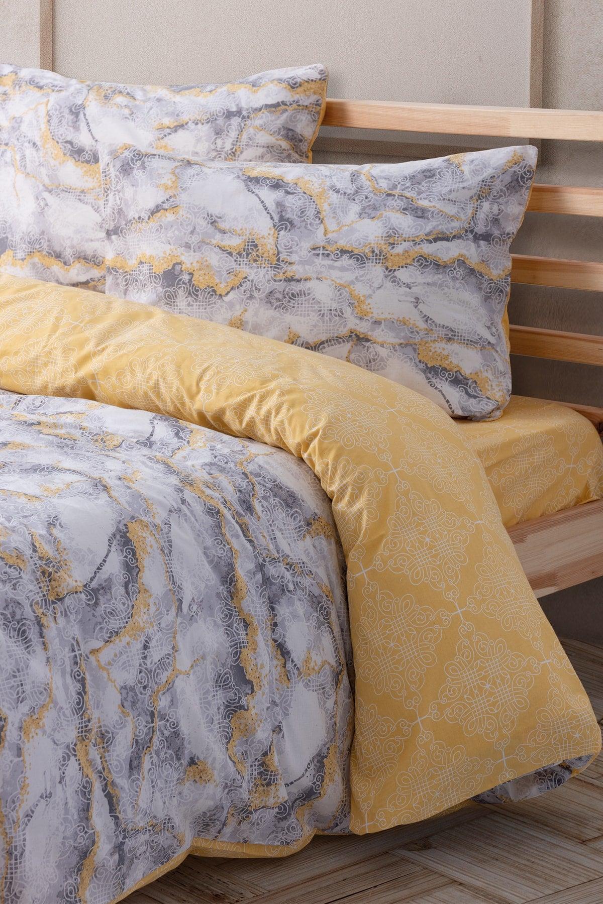 Ranforce Single Fitted Duvet Cover Set Marble Yellow - Swordslife