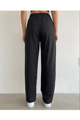 Women's Black Plain 2 Thread Wide Leg Sweatpants - Swordslife