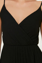Black Waist Drop/Skater Midi Double Breasted Pleated Strap Stretch Knitted Dress TWOSS20EL2729 - Swordslife