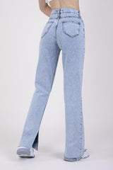 Women's Blue Slit High Waist Jean Trousers - Swordslife