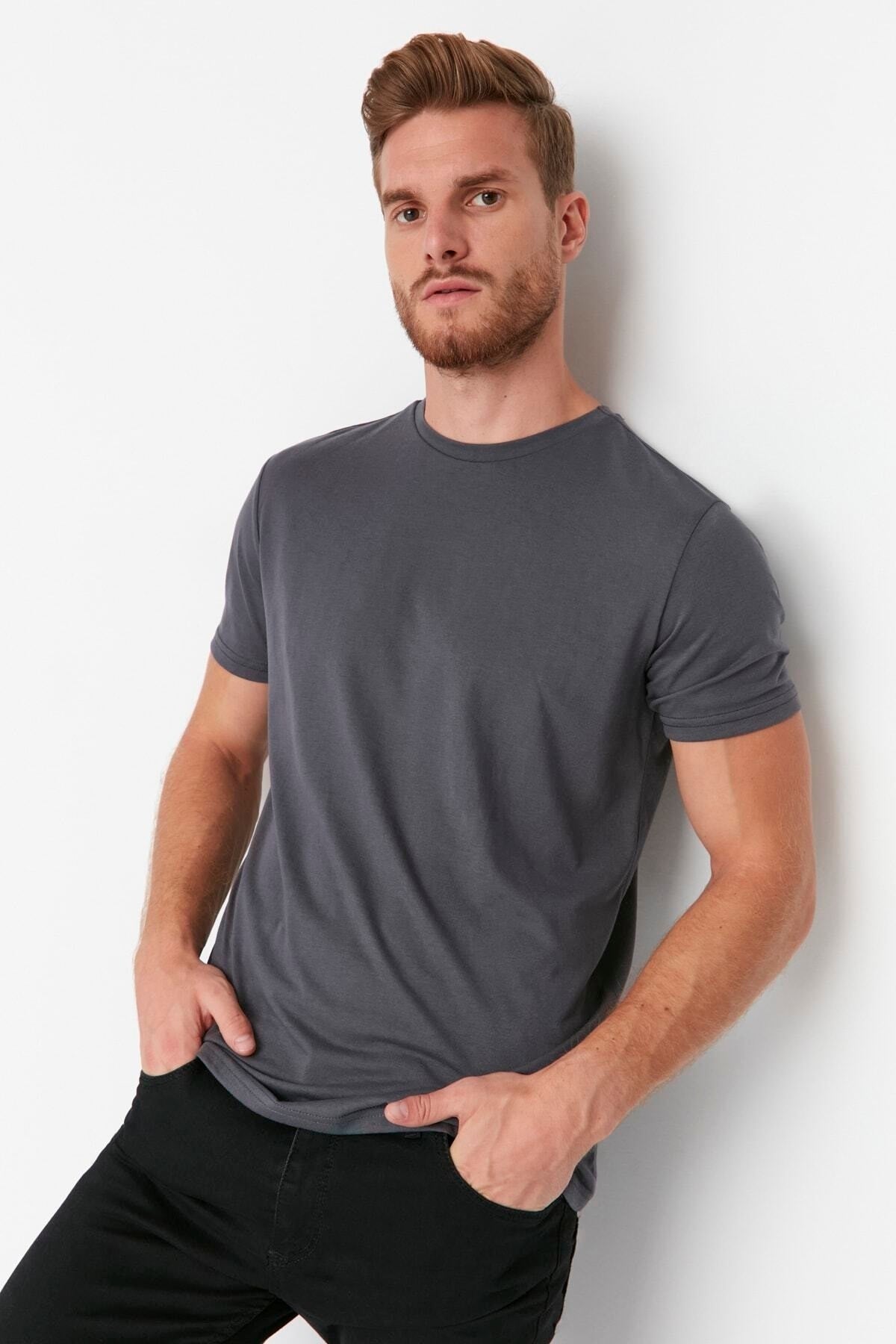 Anthracite Men's Basic Regular/Normal Cut Crew Neck Short Sleeved T-Shirt