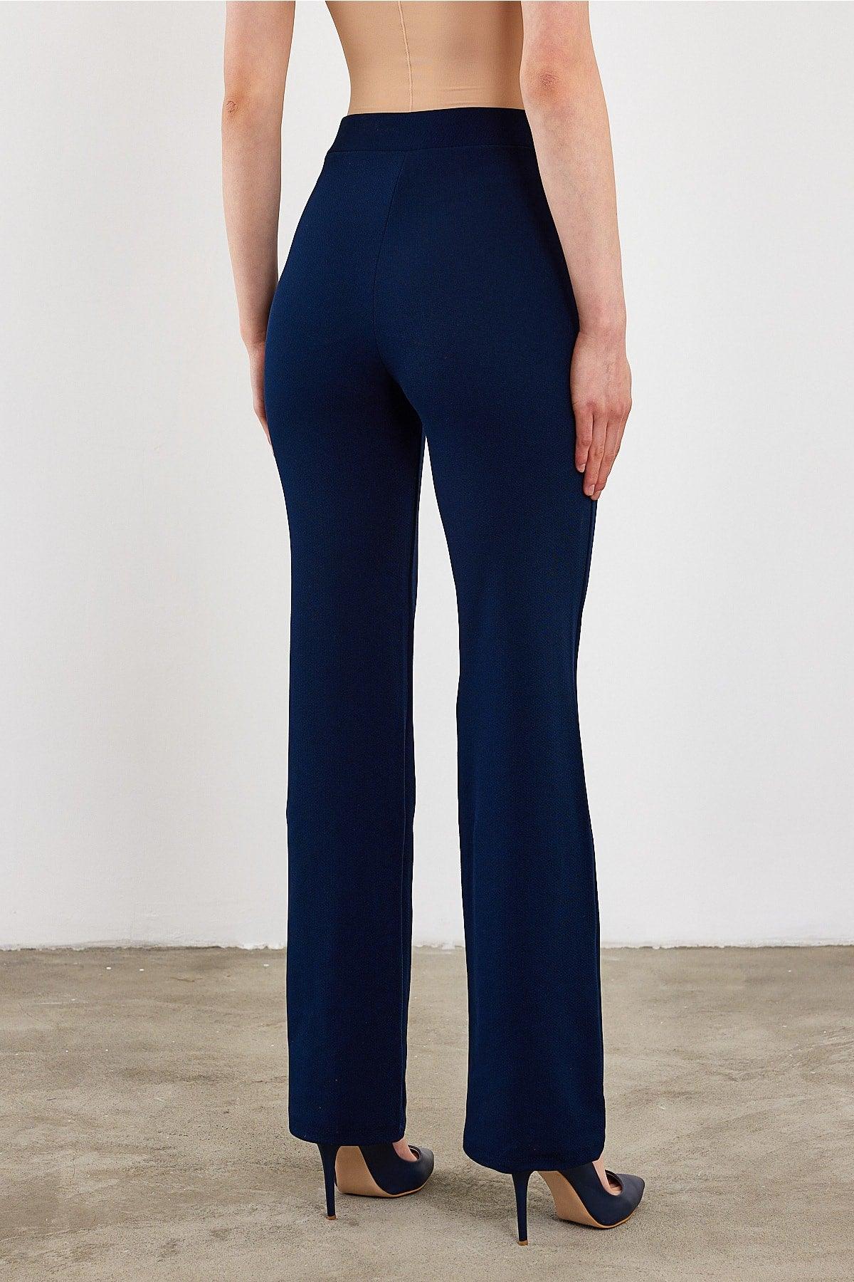 Women's Navy Blue High Waist Gatherer Flared Trousers Palazzo Trousers - Swordslife