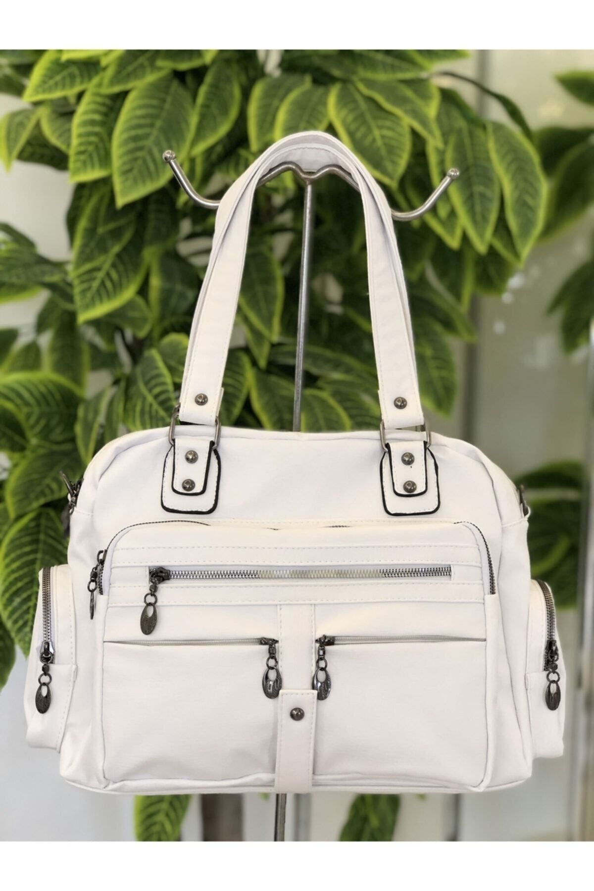 Women's White Wash Leather Multi-Section Shoulder And Hand Bag