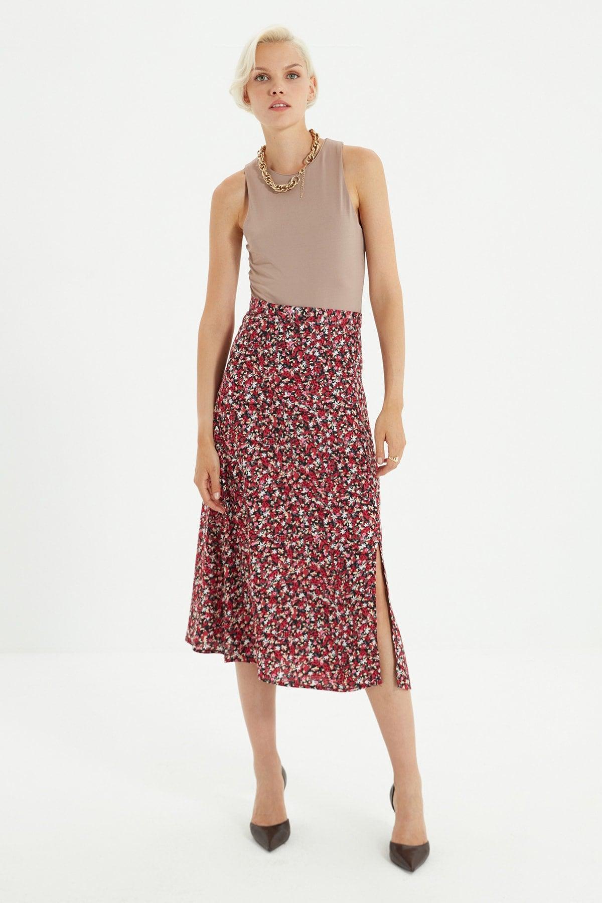 Multicolored Midi Woven Slit Detailed Floral Skirt TWOSS20ET0230 - Swordslife