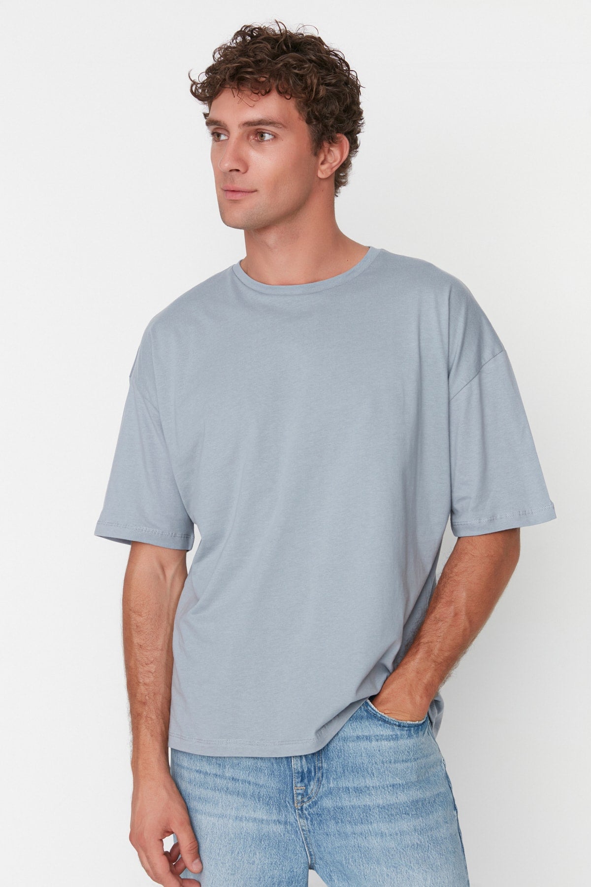 Gray Men's Basic 100% Cotton Crew Neck Oversize Short Sleeve T-Shirt TMNSS22TS0318