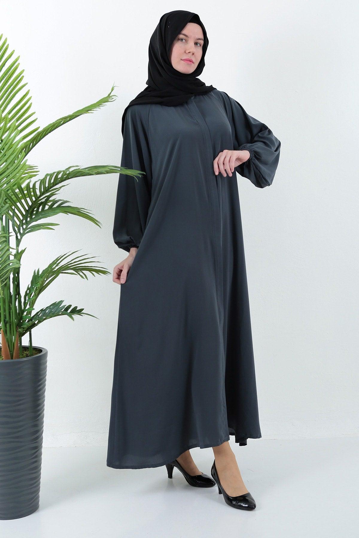 Gray Plaid Zippered Belted Pocket Abaya Hijab - Swordslife