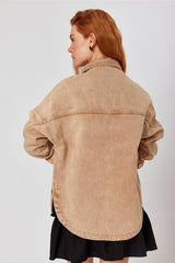 Tan Oversize Denim Jacket With Pockets Slit Detailed - Swordslife