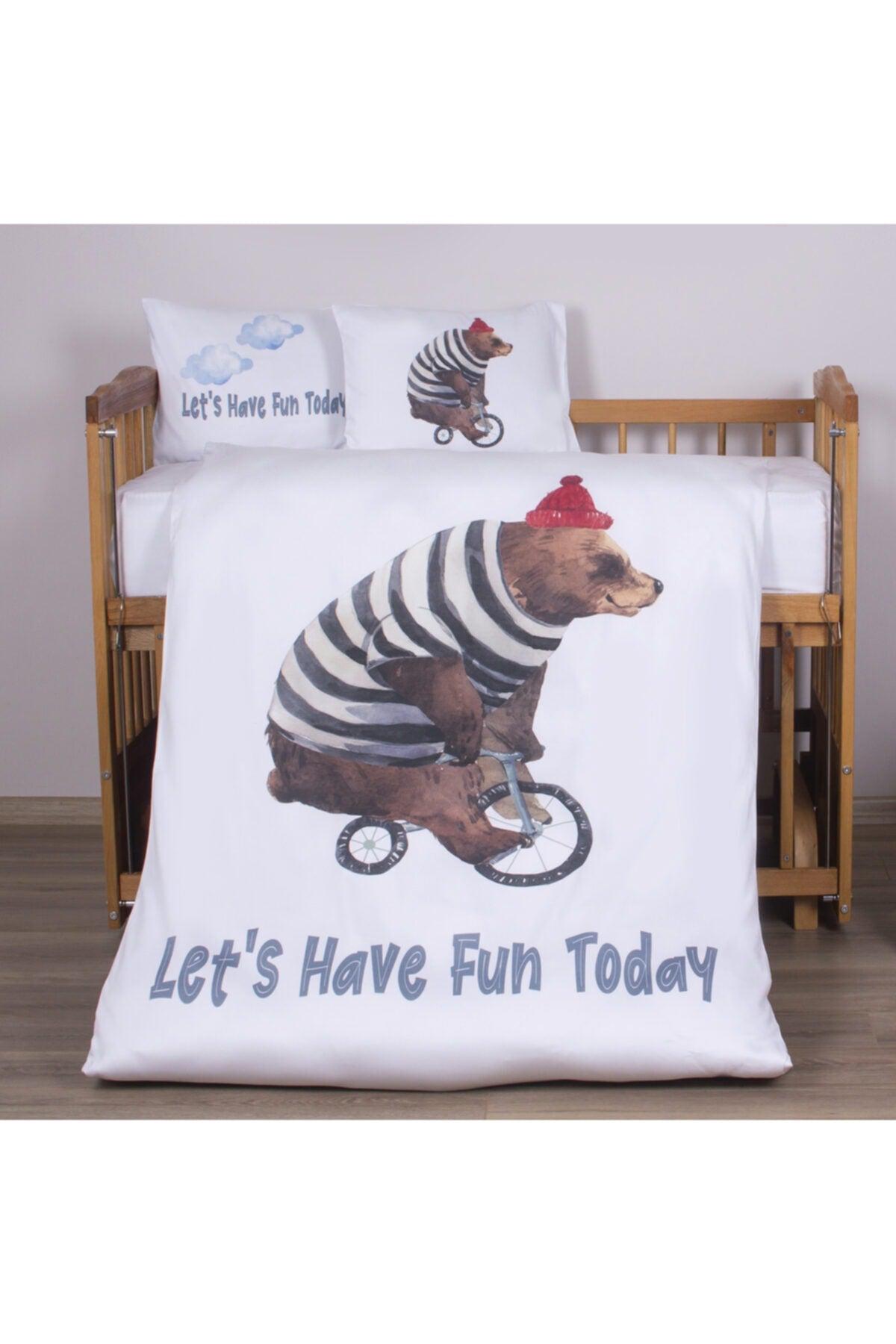 Organic Printed Cotton Satin Baby Duvet Cover Set - Teddy Bear And Cycling Theme
