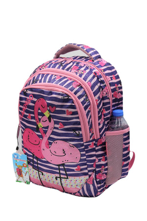 Sim Flamingo gemusterter dunkelvioletter Rucksack für Mädchen, Grundschultasche, Set mit Lunchbox und Stifthalter