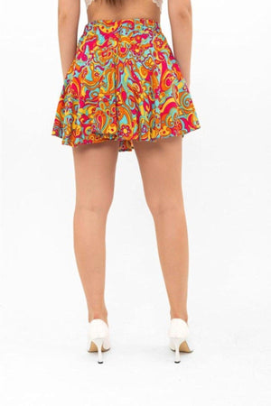 Summer Mini Short Shorts Skirt Soft Woven Viscose Printed High Waist, Elastic Back Waist - Swordslife