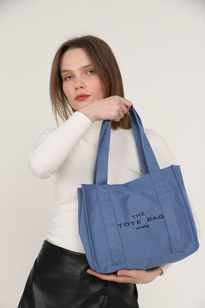 Indigo U45 Snap Closure The Tote Bag Embroidered Canvas Fabric Casual Women'S Arm And Shoulder Bag 25X