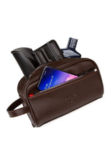 Men's Leather Travel Shaving Cosmetic Handbag Portfolio Bag And Mechanism Wallet Set