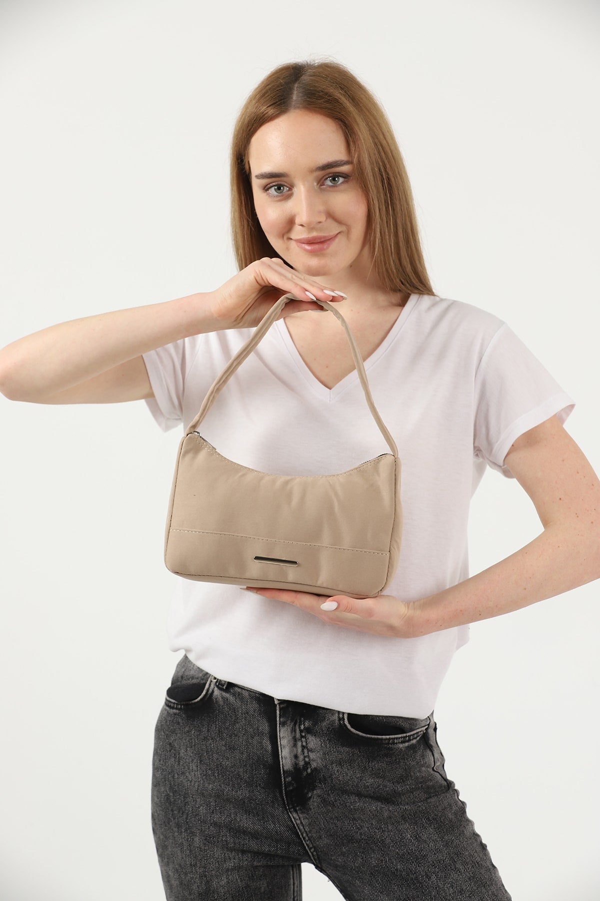 Mink U26 Single Zipper Section Canvas Fabric Women'S Daily Baguette Hand And Shoulder Bag U:13 E:25 G:6