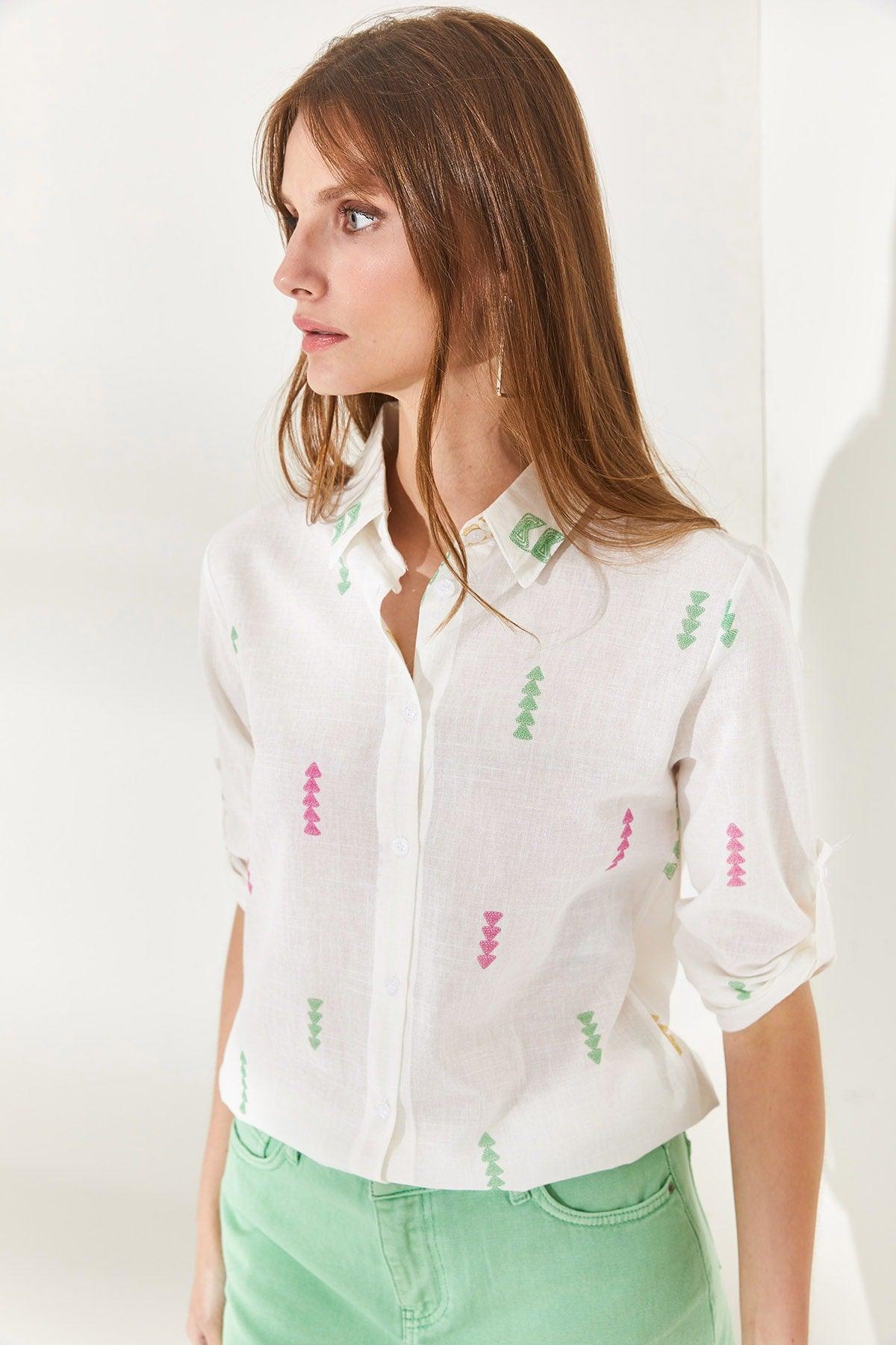 Women's Arrow Green Pink Sleeve Fold Linen Shirt GML-19000825 - Swordslife