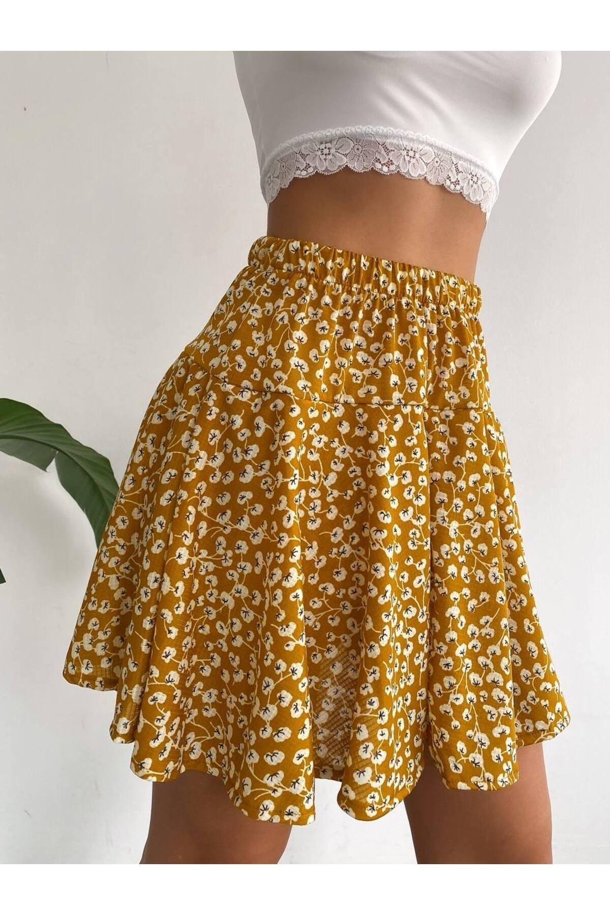 Flower Patterned Yellow Short Skirt - Swordslife