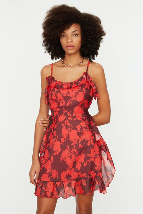 Pink A-Line Mini Woven Lined Flared Floral Dress TWOSS20EL1267 - Swordslife
