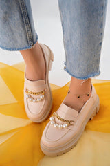 Women's Thick Sole Loafer Moccasin Shoes Pearl Beige - Swordslife