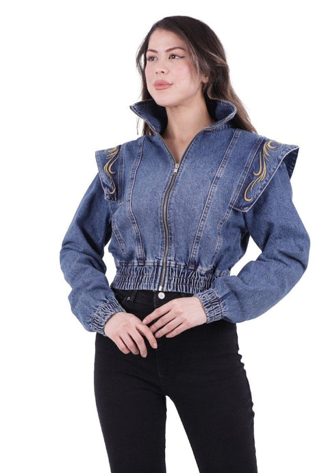Women's Denim Jacket with Embroidered Shoulders, No Pocket, Elastic Waist, Zippered Bomber Denim for All Seasons - Swordslife