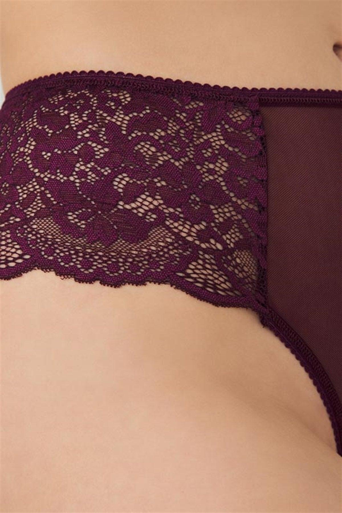 Plum Lace Tulle Detailed Plus Size Women's Brazilian Panties - Swordslife