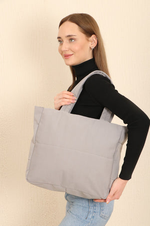 Gray U25 3-Compartment Side 2 Pocket Detailed Zipper Closure Canvas Women'S Arm And Shoulder Bag B:35 E:35 G:1