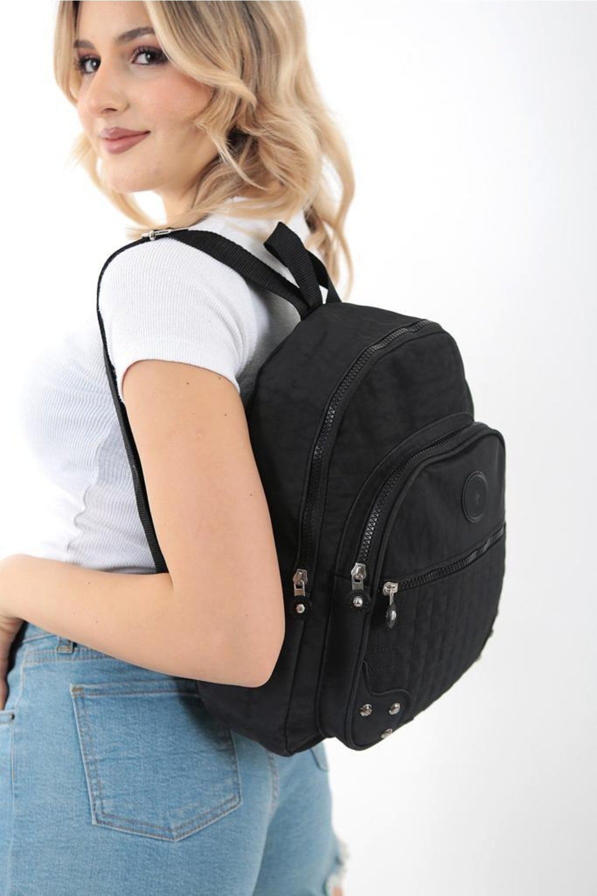 Unisex-Rucksack und Schultasche aus schwarzem Crinkle-Stoff, wasserdicht und schmutzabweisend