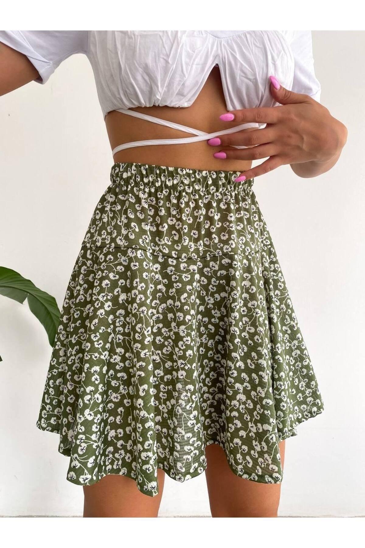 Floral Patterned Green Short Skirt - Swordslife