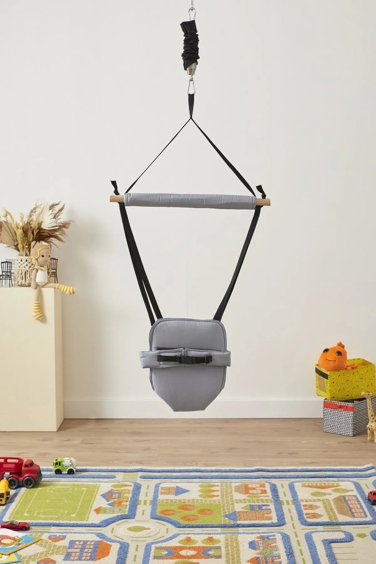 Hoppala Bouncer Kangaroo, Balance Baby Walker mit Feder Naturholz Grau