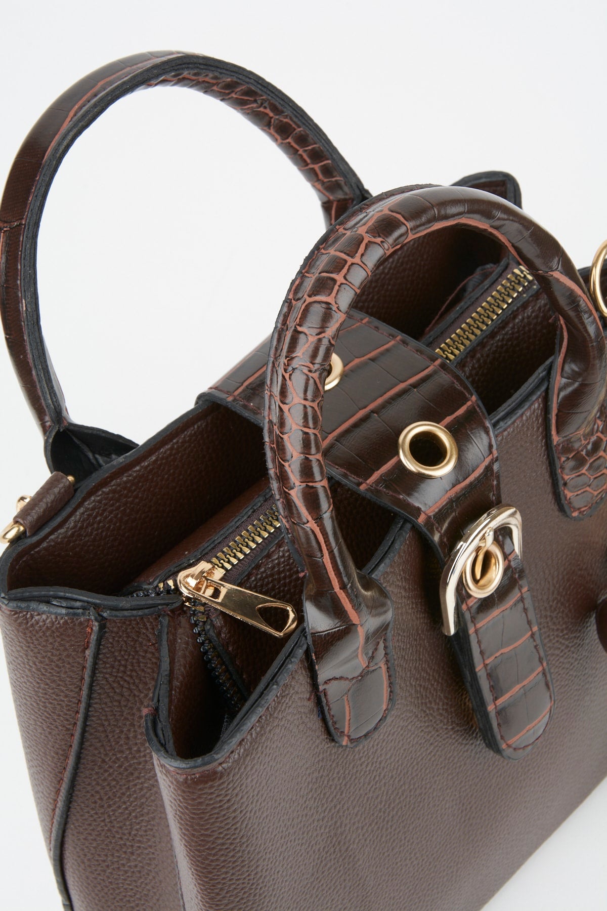 Damen-Hand- und Schultertasche mit 2 Fächern, Kroko-Griff und Druckknopfverschluss und Riemen in Bitterbraun