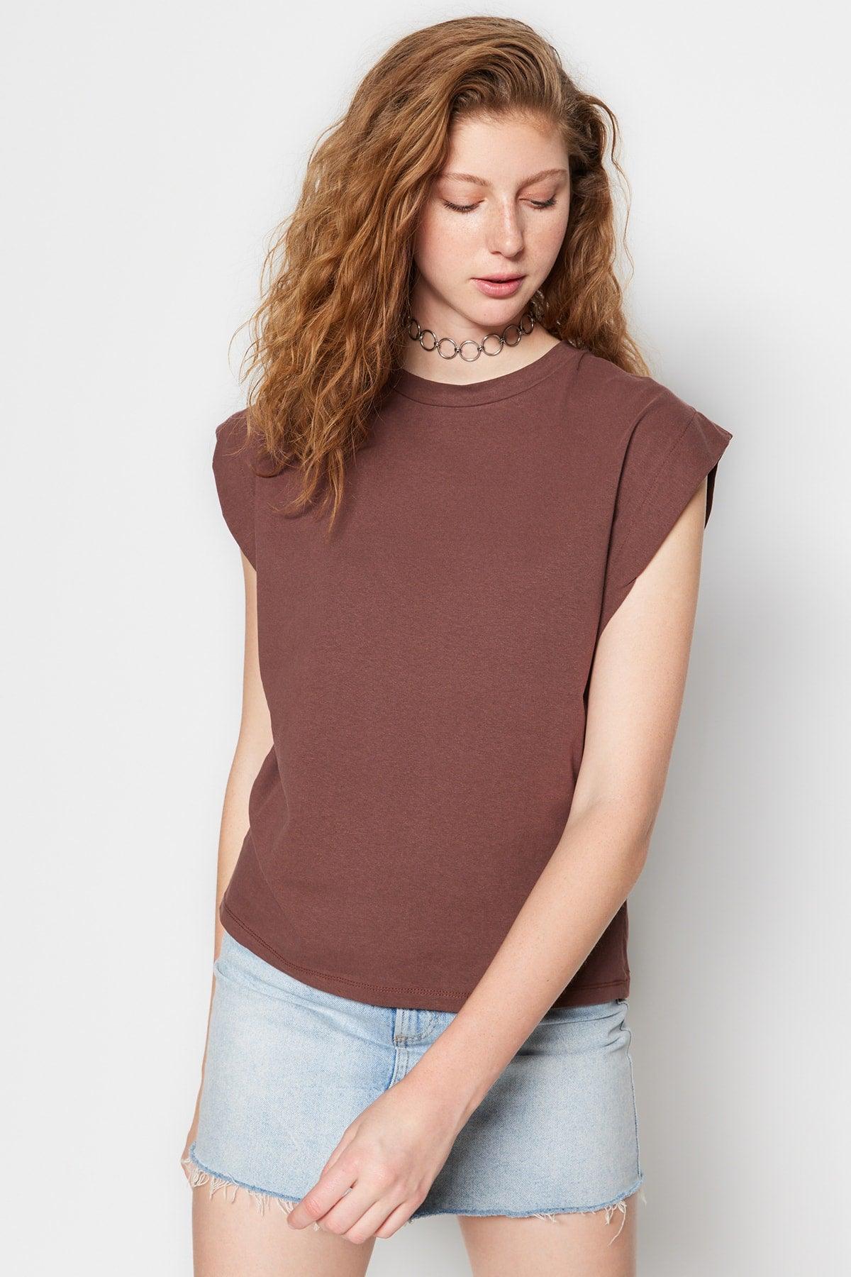 Brown 100% Cotton Wadding Look Basic Crew Neck Knitted T-Shirt TWOSS20TS0021 - Swordslife