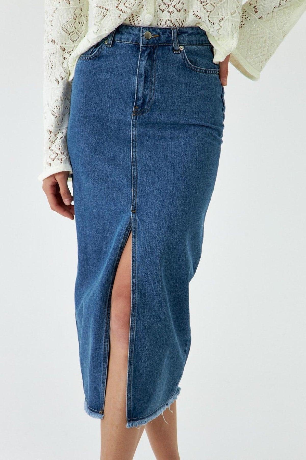 Slit Detailed Midi Length Dark Blue Denim Skirt - Swordslife