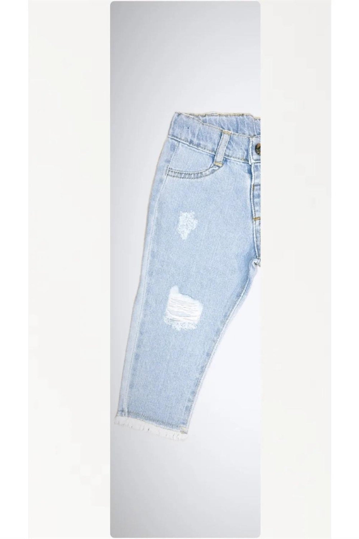 Adjustable Elastic Waist Ripped And Cut-Off Detail Denim Trousers