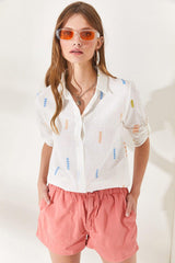 Women's Arrow Orange Blue Sleeve Fold Linen Shirt GML-19000825 - Swordslife