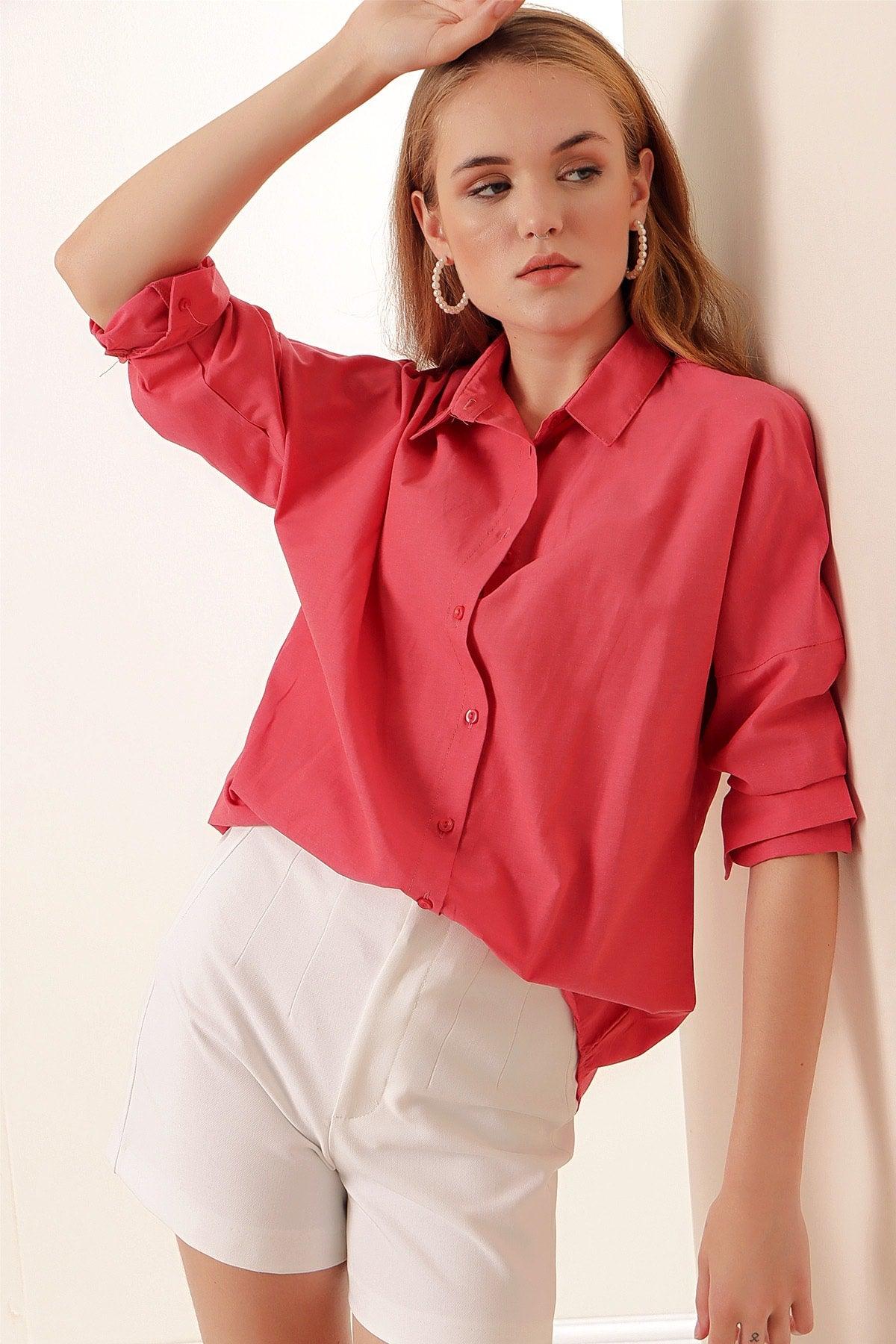 3900 Oversize Long Basic Shirt - Pomegranate - Swordslife